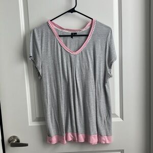 Kensie Gray Striped Pajama Top with Pink Trim